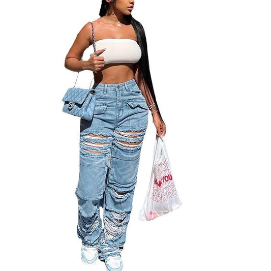 Women's High Waist Zipper Straight Ripped Jeans Blue