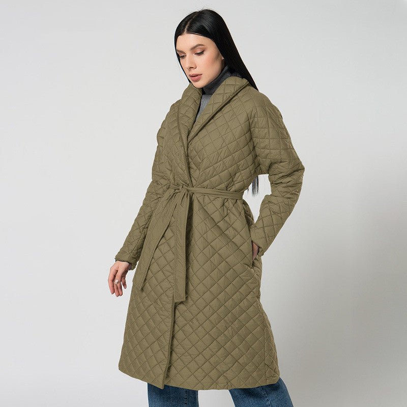 Women's Jacked Diamond Plaid Fitted Waist Cotton - padded Coat Army Green