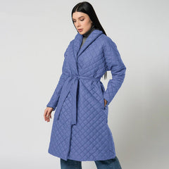 Women's Jacked Diamond Plaid Fitted Waist Cotton - padded Coat Dark Blue