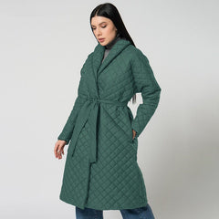 Women's Jacked Diamond Plaid Fitted Waist Cotton - padded Coat Dark Green