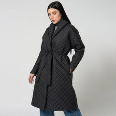 Women's Jacked Diamond Plaid Fitted Waist Cotton - padded Coat Black