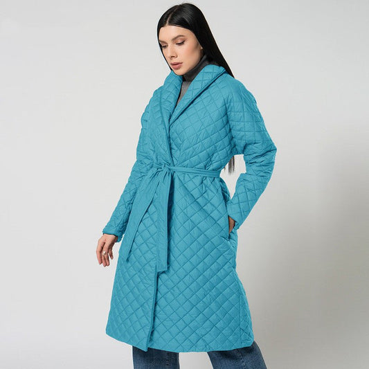 Women's Jacked Diamond Plaid Fitted Waist Cotton - padded Coat Light Blue