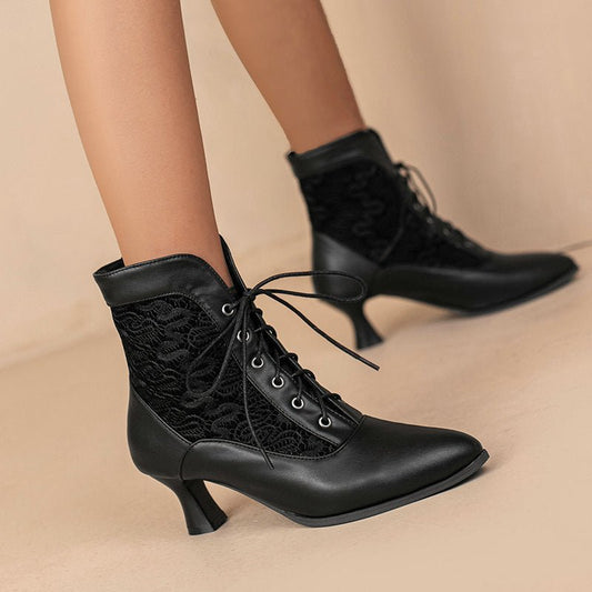 Women's Kitten Heel Booties – Autumn & Winter Lace - Up Hollow - Out Design Black