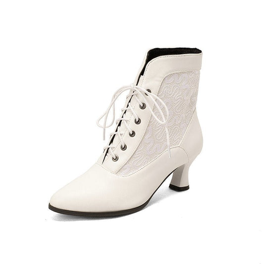 Women's Kitten Heel Booties – Autumn & Winter Lace - Up Hollow - Out Design Black