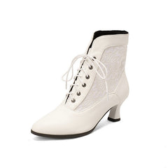Women's Kitten Heel Booties – Autumn & Winter Lace - Up Hollow - Out Design Black
