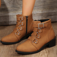 Women's Knight Ankle Boots with Side Zipper, Belt Buckle, and Square Heel Black