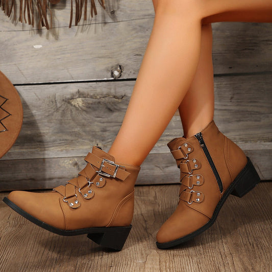 Women's Knight Ankle Boots with Side Zipper, Belt Buckle, and Square Heel Coffee