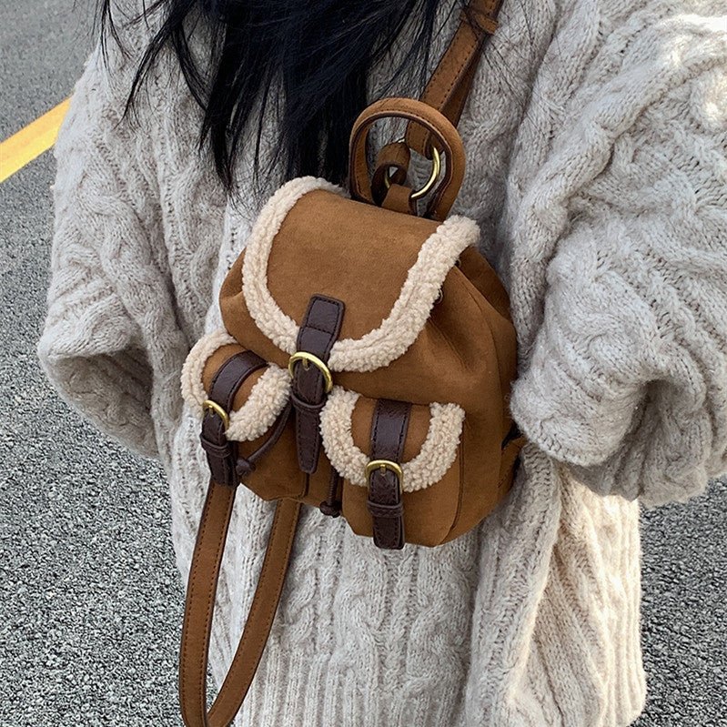 Women's Lamb Wool Bag Scrub - Stylish Backpack for Everyday Chic Brown large