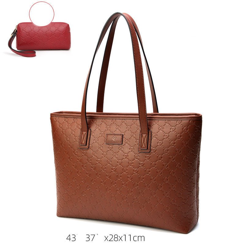 Women's Large Capacity Genuine Leather Tote Bag Embossed Brown Large