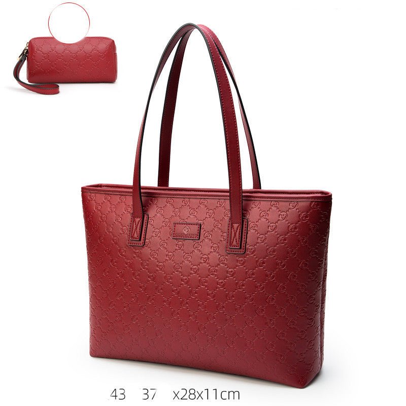 Women's Large Capacity Genuine Leather Tote Bag Embossed Red Large