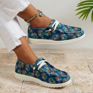 Women's Large Size Canvas Shoes Printed Casual Shoes Blue