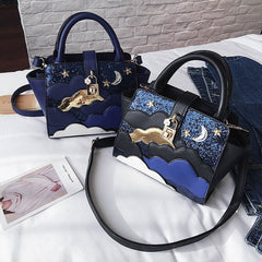 Women's Leather Clutch - Embroidered Handbag & Shoulder Bag Blue