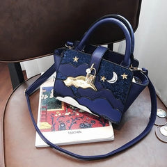 Women's Leather Clutch - Embroidered Handbag & Shoulder Bag Blue