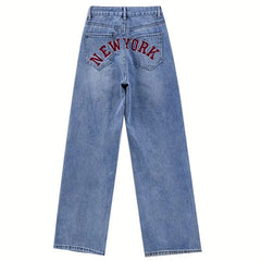 Women's Letter High Waist Straight Jeans Blue