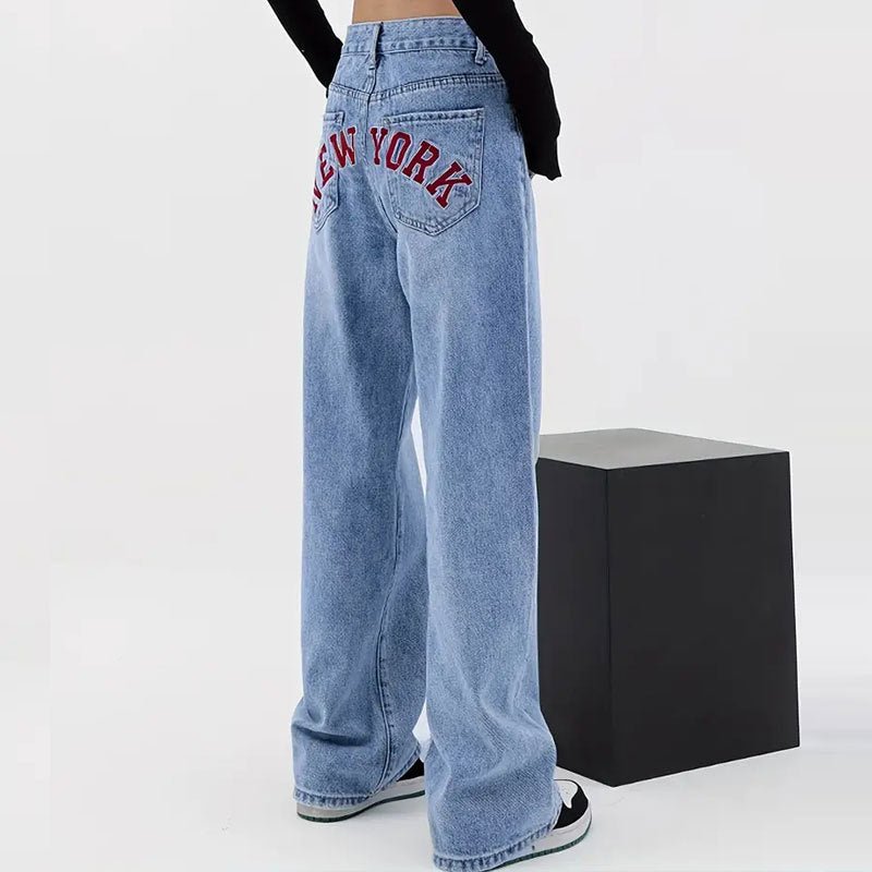 Women's Letter High Waist Straight Jeans Blue