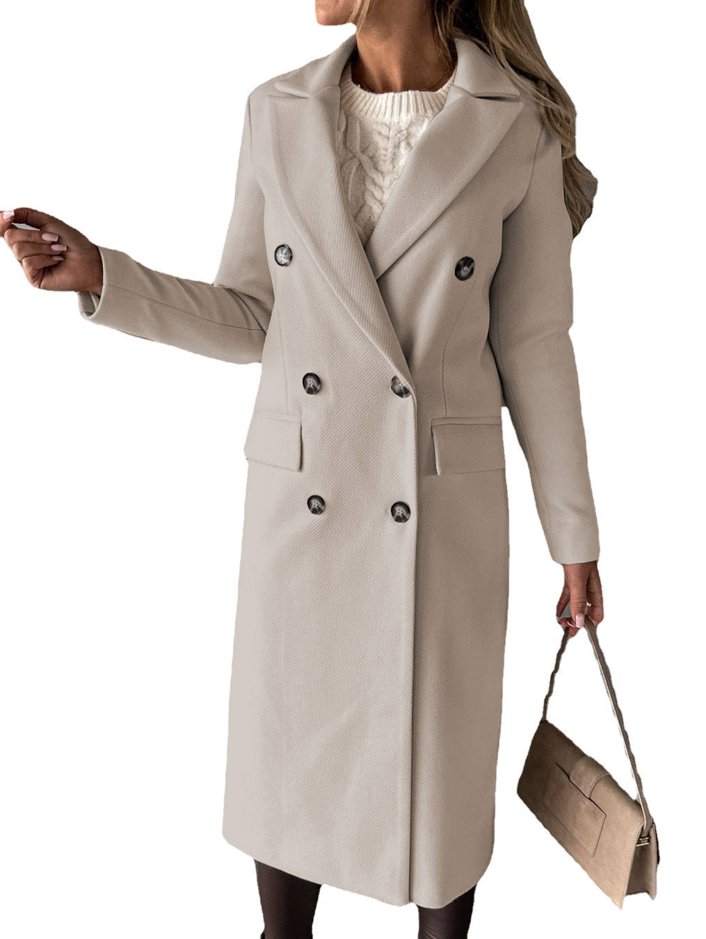 Women's Long Sleeve Lapel Solid Double - Breasted Slim Blazer Coat Beige