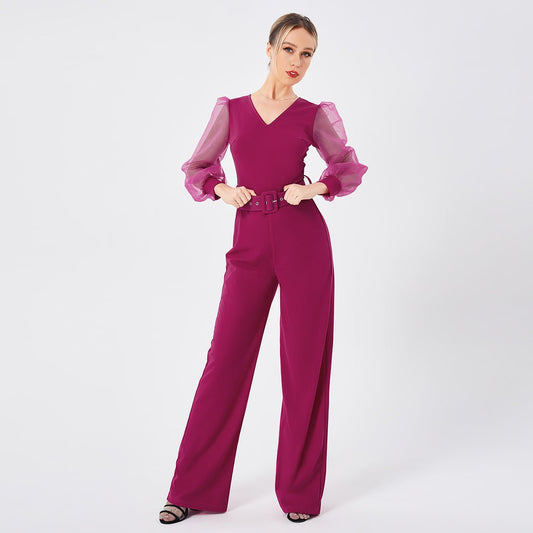 Women's Long Sleeve Patchwork Jumpsuit Rose