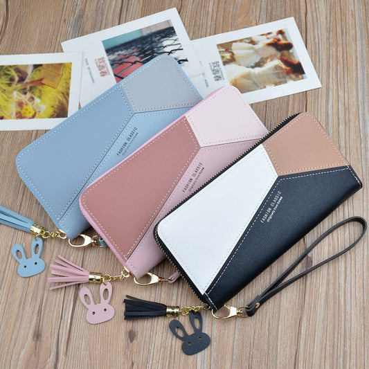 Women's long zipper tassel stitching clutch Black
