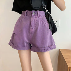 Women's Loose And Irregular Baggy Vintage High Waist Denim Shorts Purple