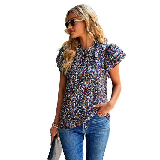 Women's Loose Casual Top Floral Round Neck Shirt Black