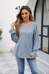 Women's Loose Long - Sleeved T - shirt - Solid Color Elegance Sky Blue