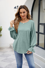 Women's Loose Long - Sleeved T - shirt - Solid Color Elegance Green