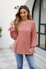 Women's Loose Long - Sleeved T - shirt - Solid Color Elegance Brick Red