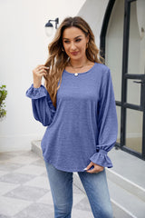 Women's Loose Long - Sleeved T - shirt - Solid Color Elegance Sapphire Blue