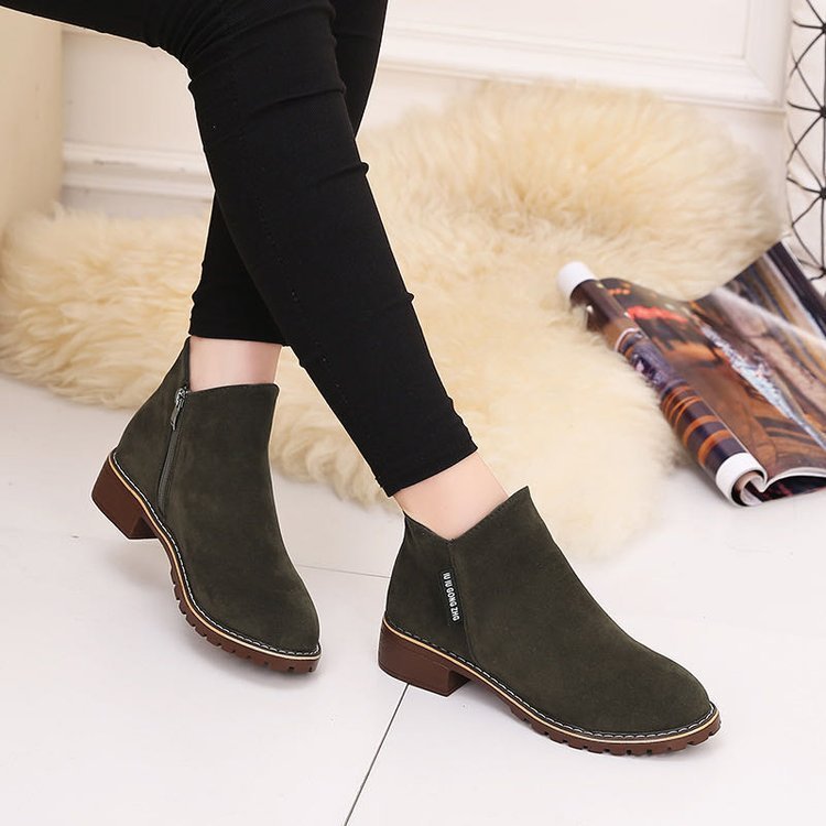 Women's Low Heel Cotton Winter Boots with Square Heel Army Green