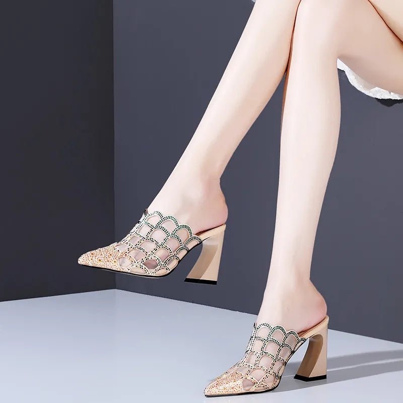 Women's Mesh Hollow Pointed Thick Heel Shoes Apricot