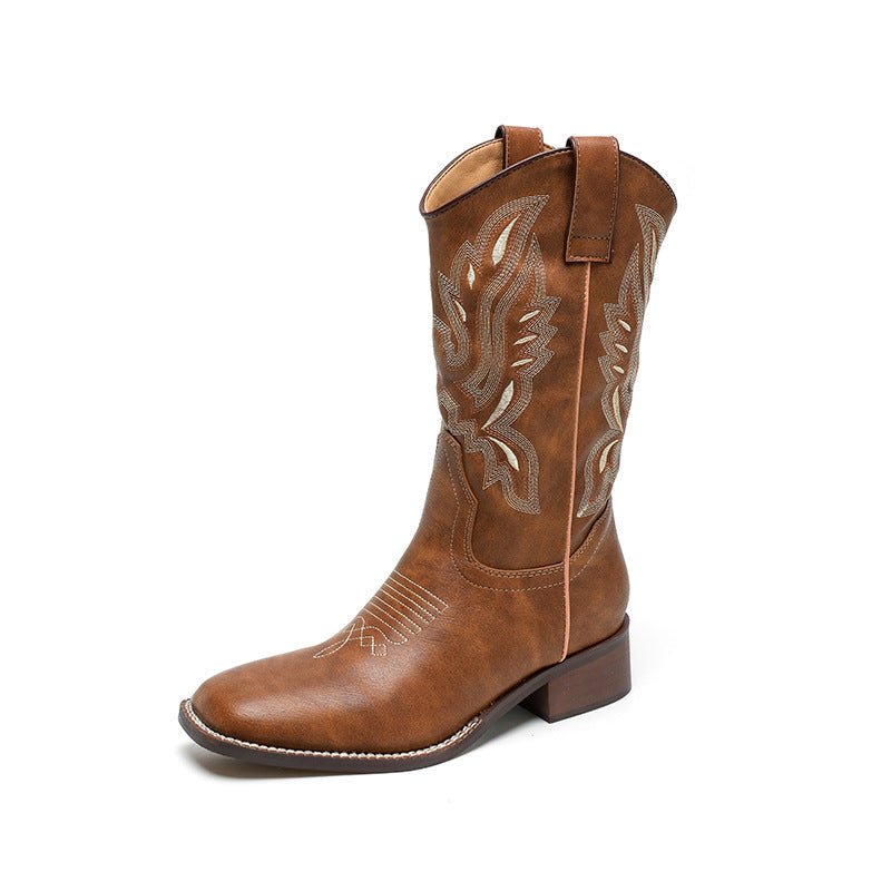 Women's Mid - calf Embroidered Martin Boots Brown