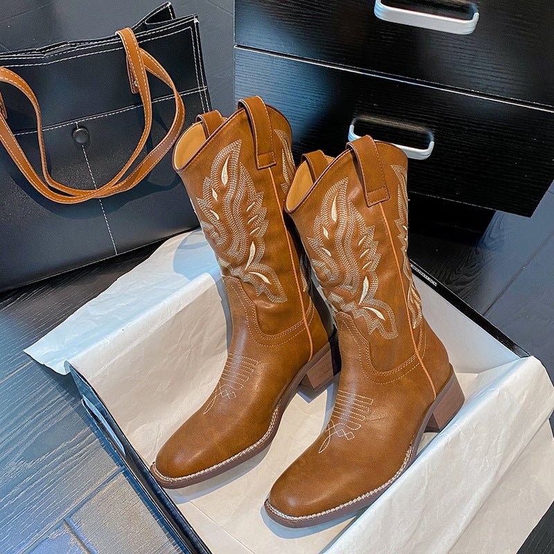 Women's Mid - calf Embroidered Martin Boots Brown