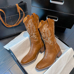 Women's Mid - calf Embroidered Martin Boots Brown