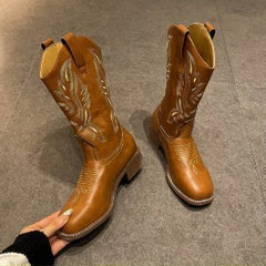 Women's Mid - calf Embroidered Martin Boots Brown 2