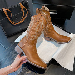 Women's Mid - calf Embroidered Martin Boots Brown 2