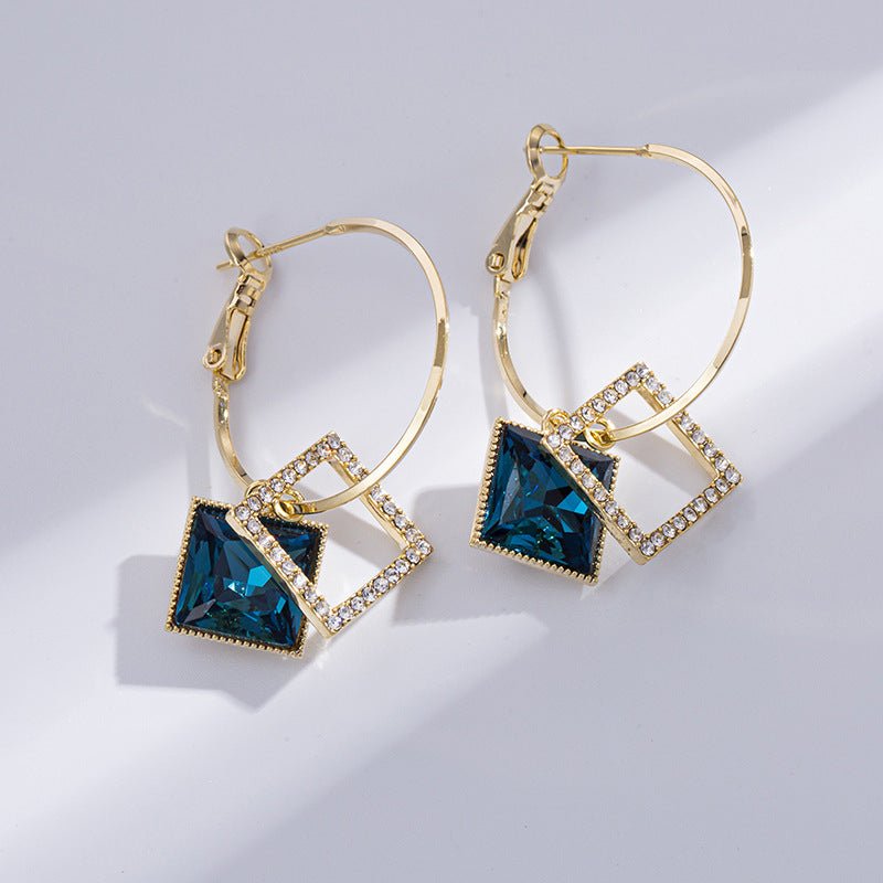 Women's New Fashion Square Earrings with Special - interest Zircon Inlay Dark Blue