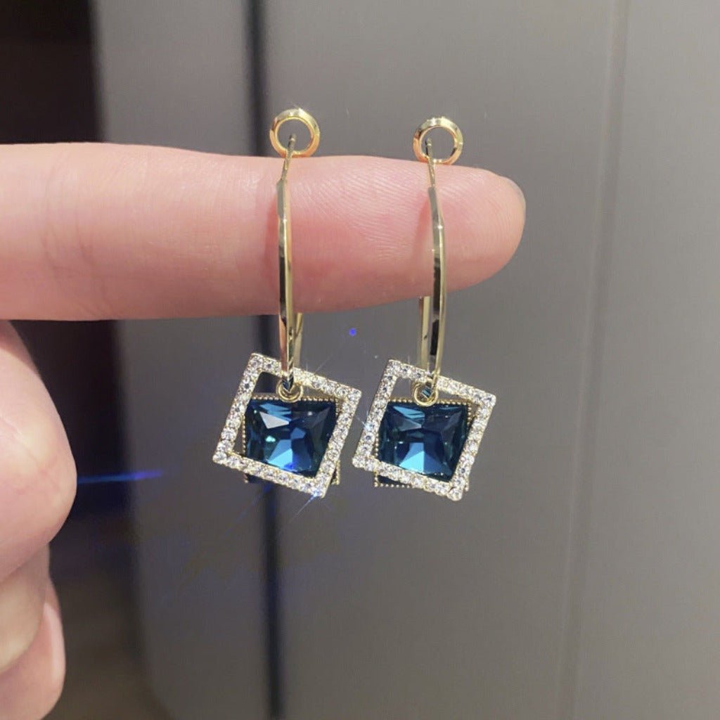 Women's New Fashion Square Earrings with Special - interest Zircon Inlay Dark Blue