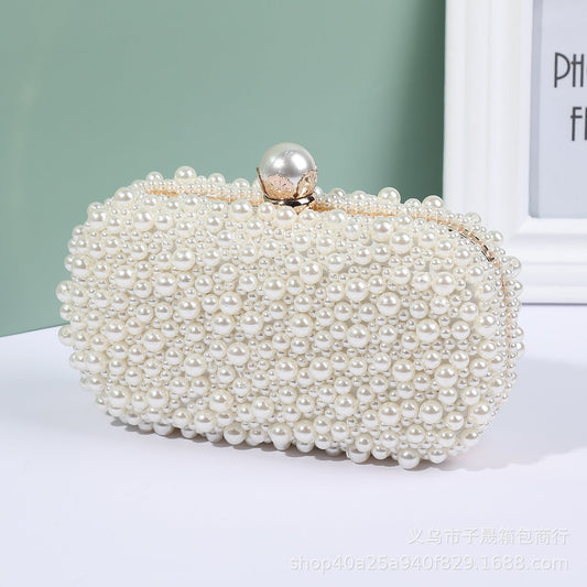 Women's Pearl Dinner Bag Soft Surface Lock Clutch Beige