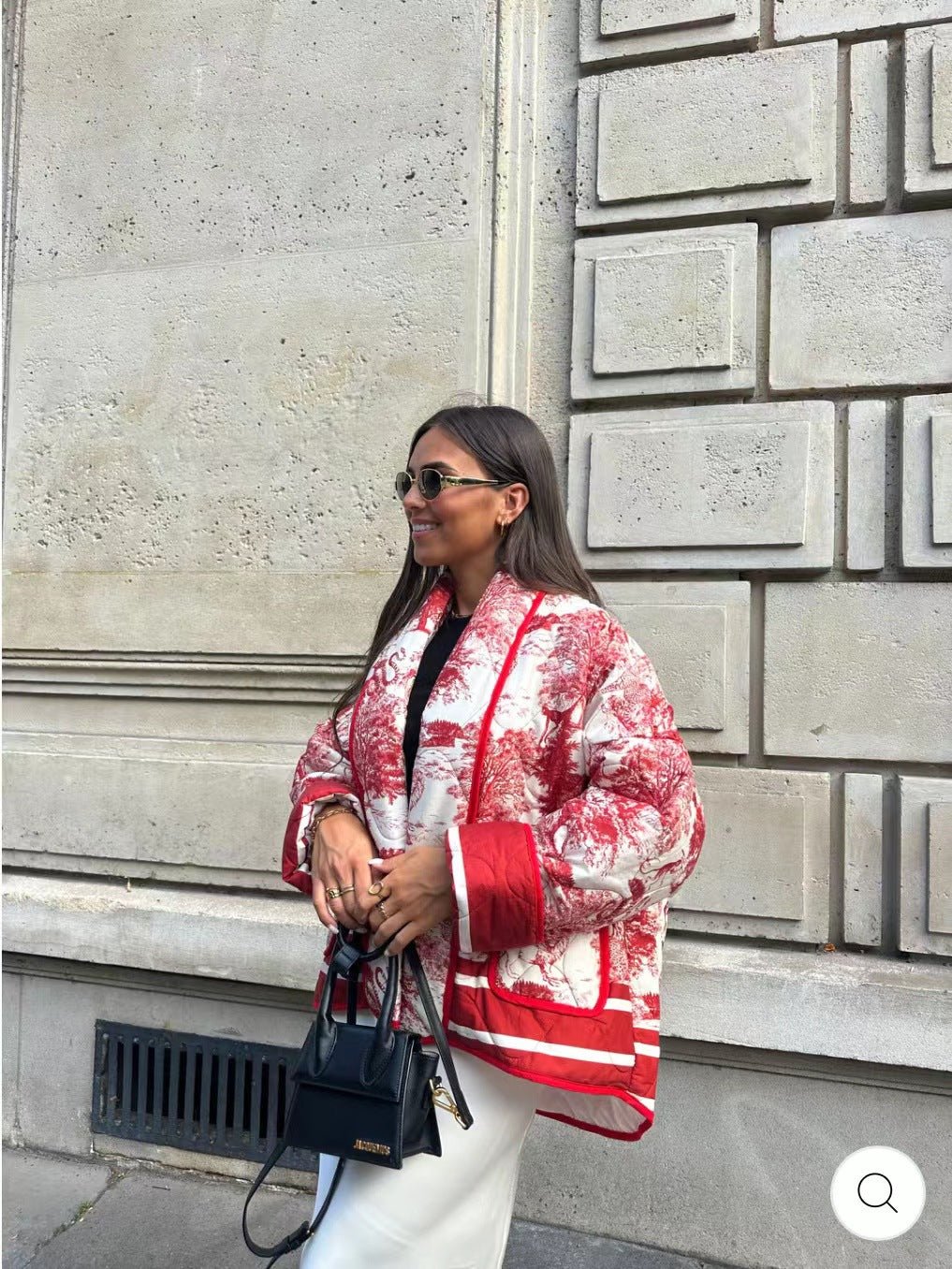 Women's Printed Double Pocket Casual Embellished Cotton Jacket Red