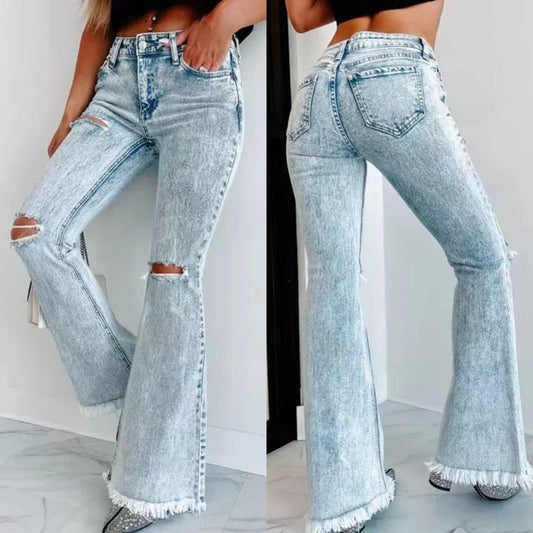 Women's Ripped Jeans Washed High Waist Light Blue