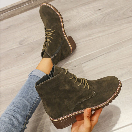 Women's Round Toe Short Martin Boots - Stylish and Durable Green