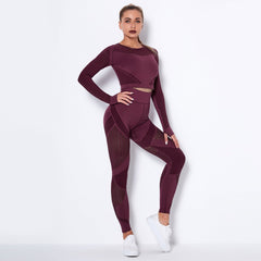 Women's Seamless Knit Yoga Long - Sleeved Suit Wine Red