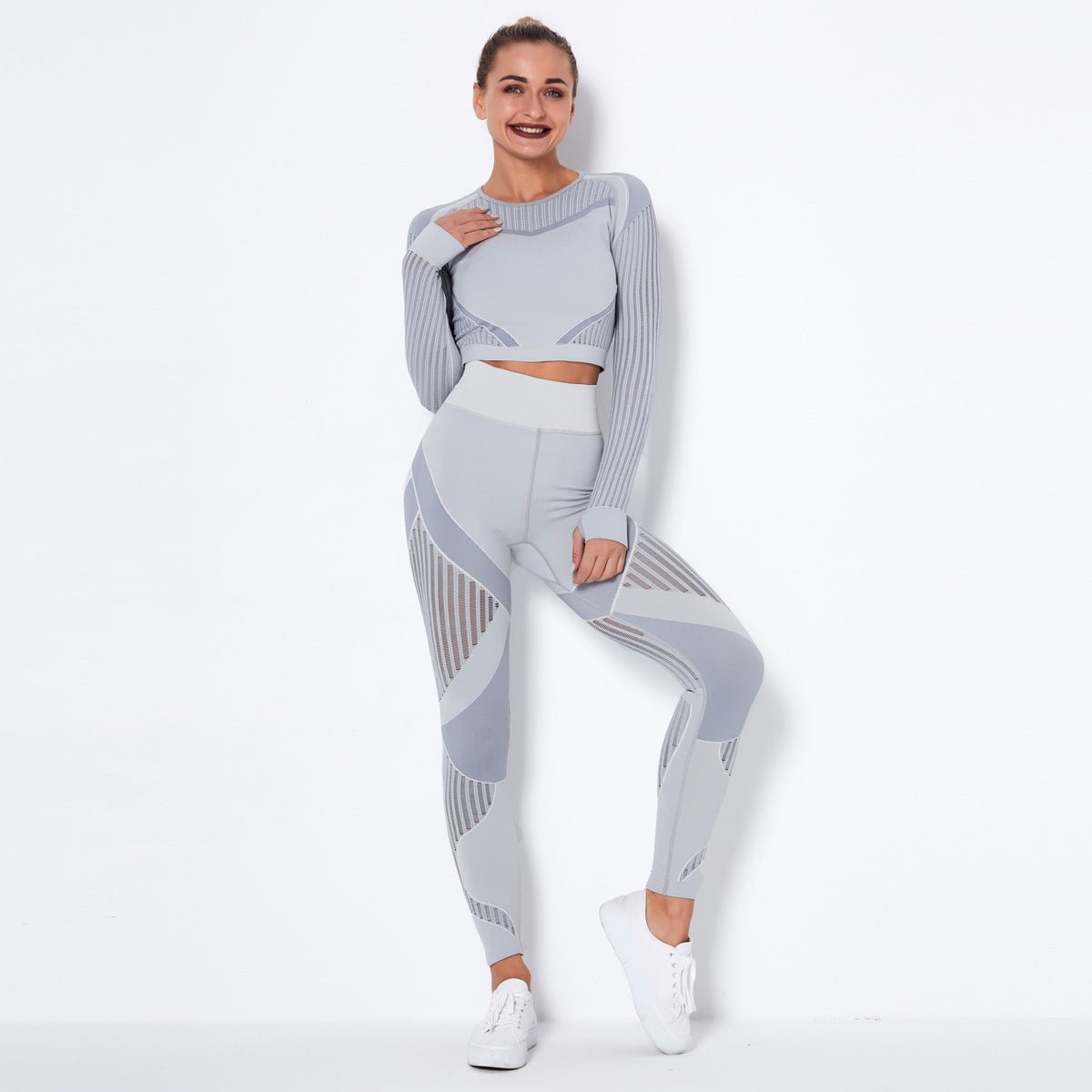 Women's Seamless Knit Yoga Long - Sleeved Suit Light Grey