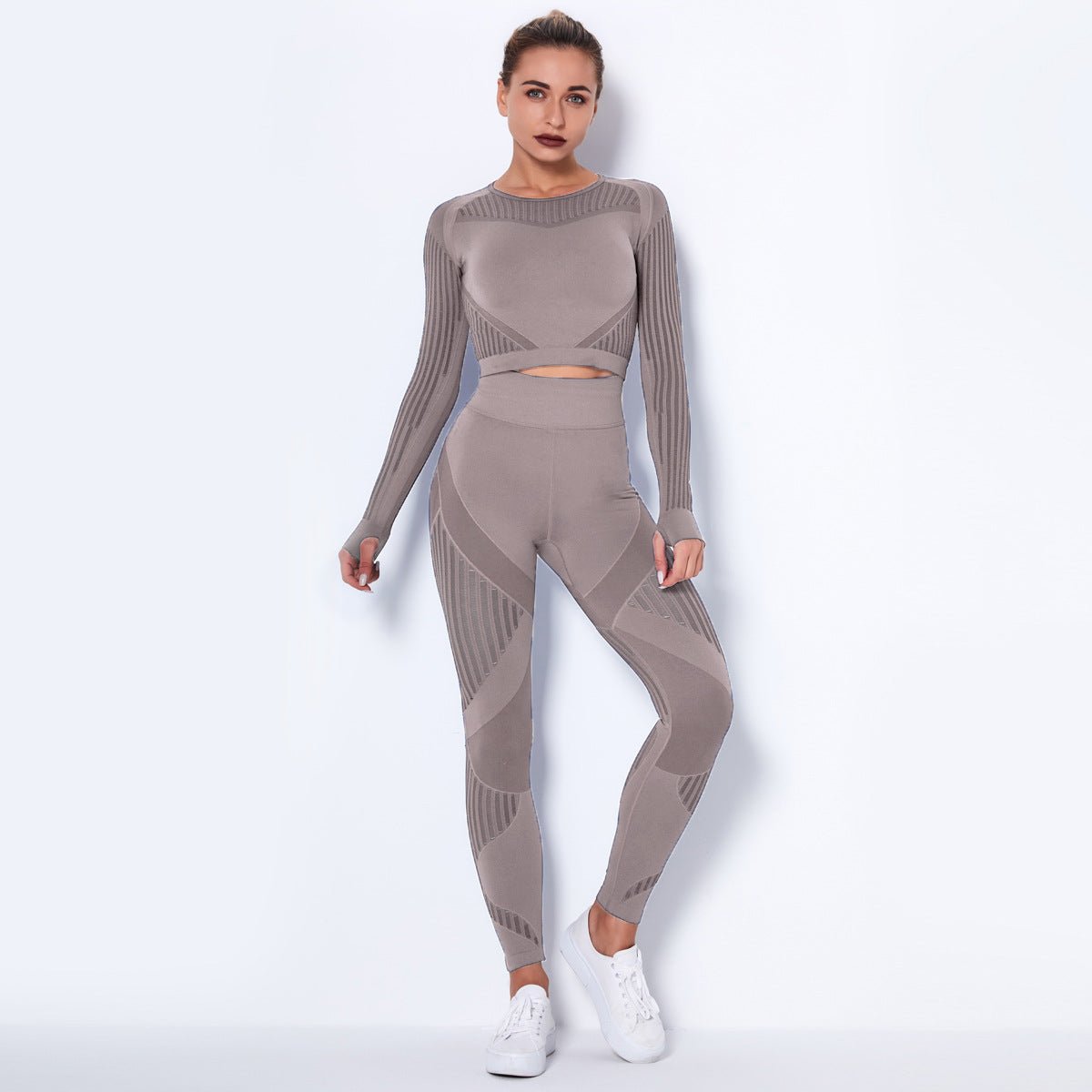 Women's Seamless Knit Yoga Long - Sleeved Suit Brown