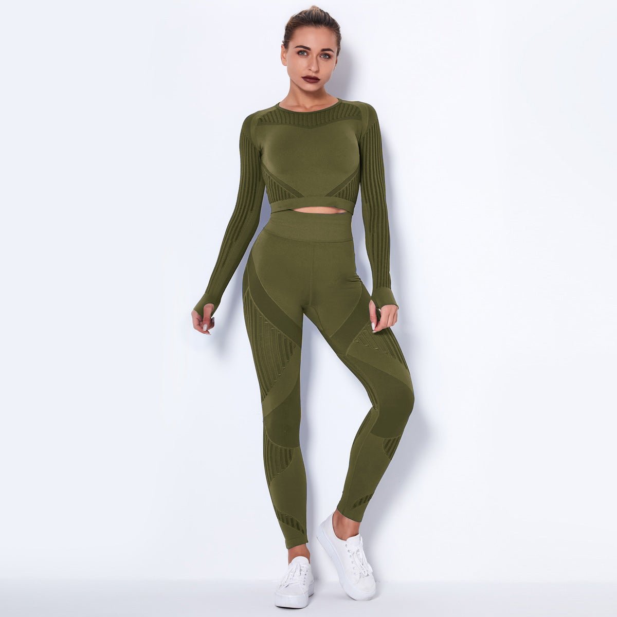 Women's Seamless Knit Yoga Long - Sleeved Suit Green