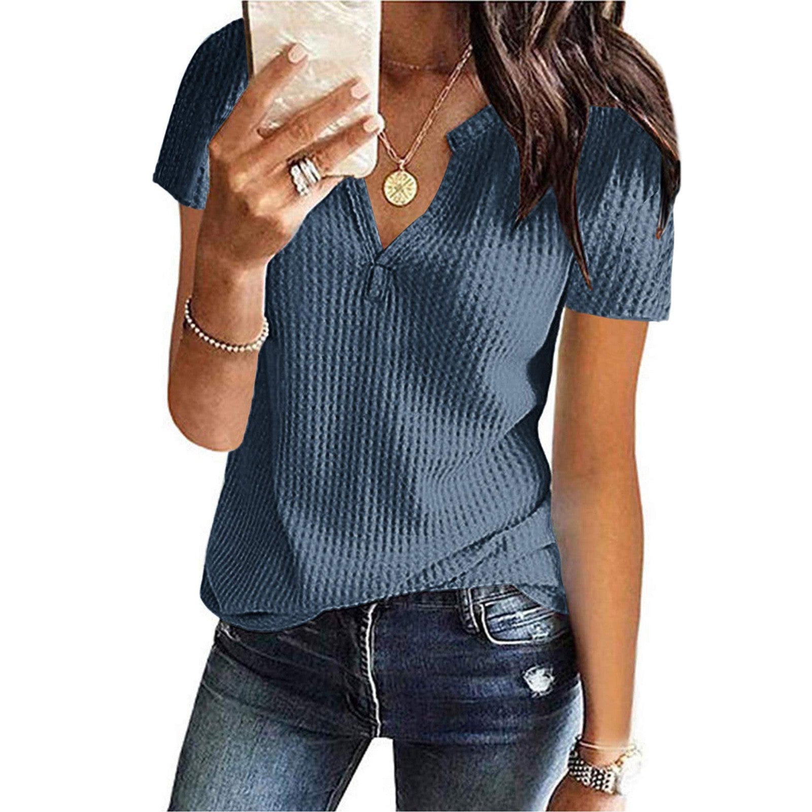 Women's Shirt V - neck Fashion Short Sleeve Blue Gray