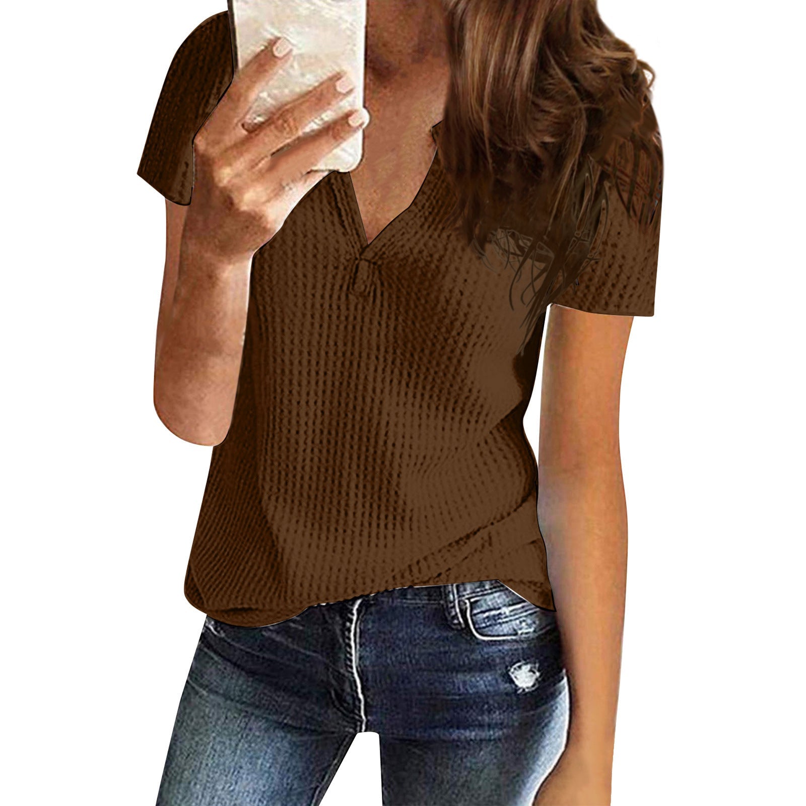 Women's Shirt V - neck Fashion Short Sleeve Brown