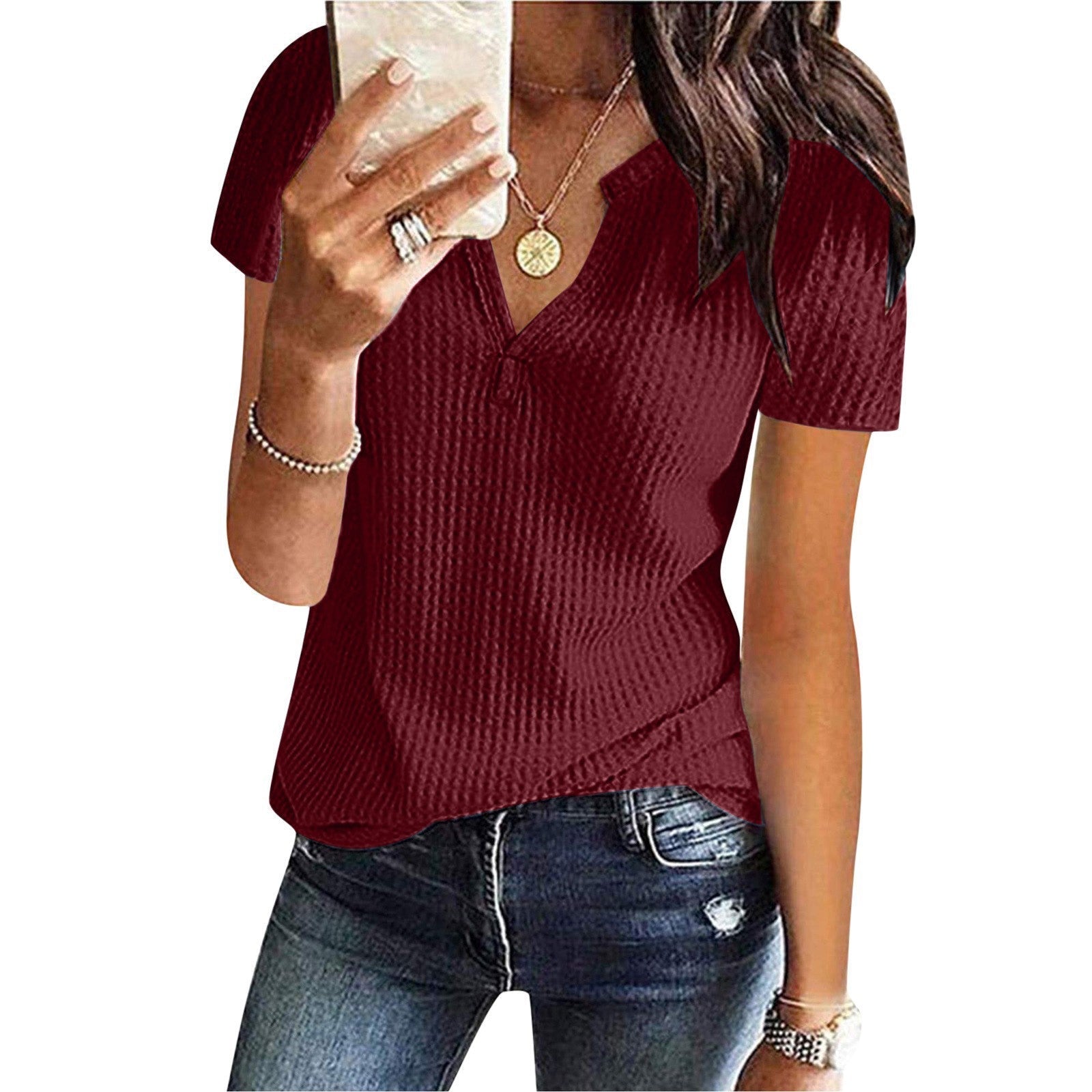 Women's Shirt V - neck Fashion Short Sleeve Wine Red