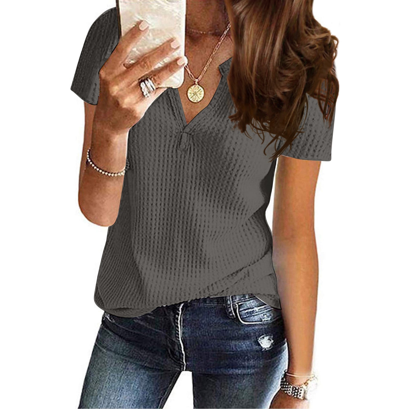 Women's Shirt V - neck Fashion Short Sleeve Gray