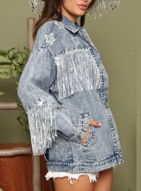 Women's Short Multi color Denim Coat Star Sequins Tassel Jacket Black